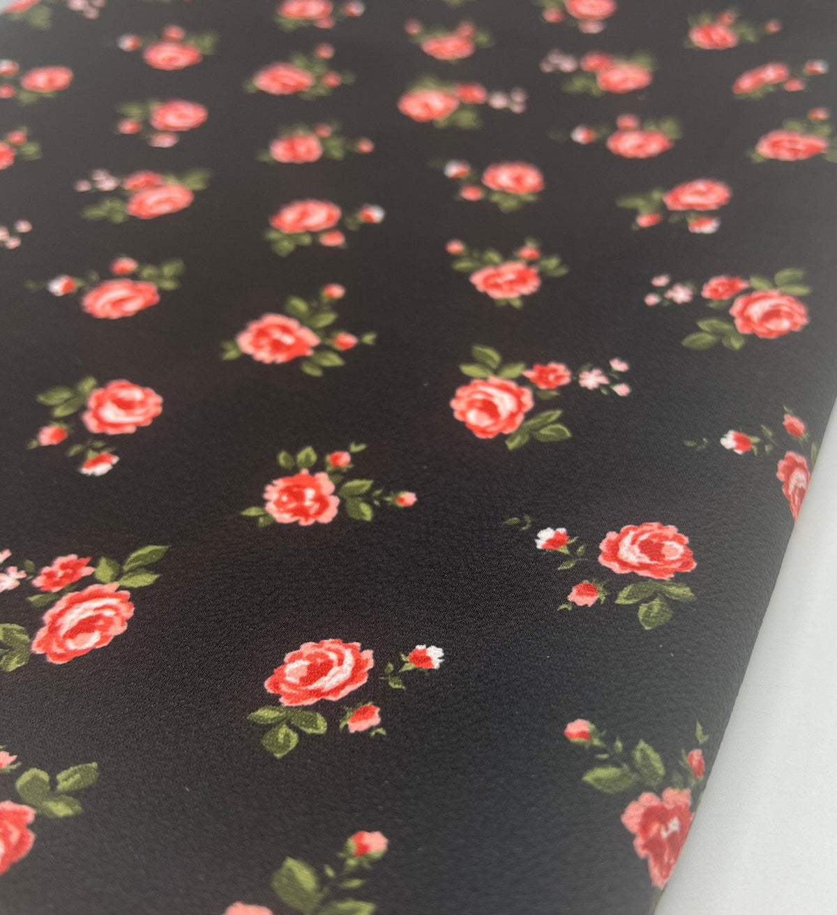 Black Rose Print Lightweight Bubble Crepe Fabric