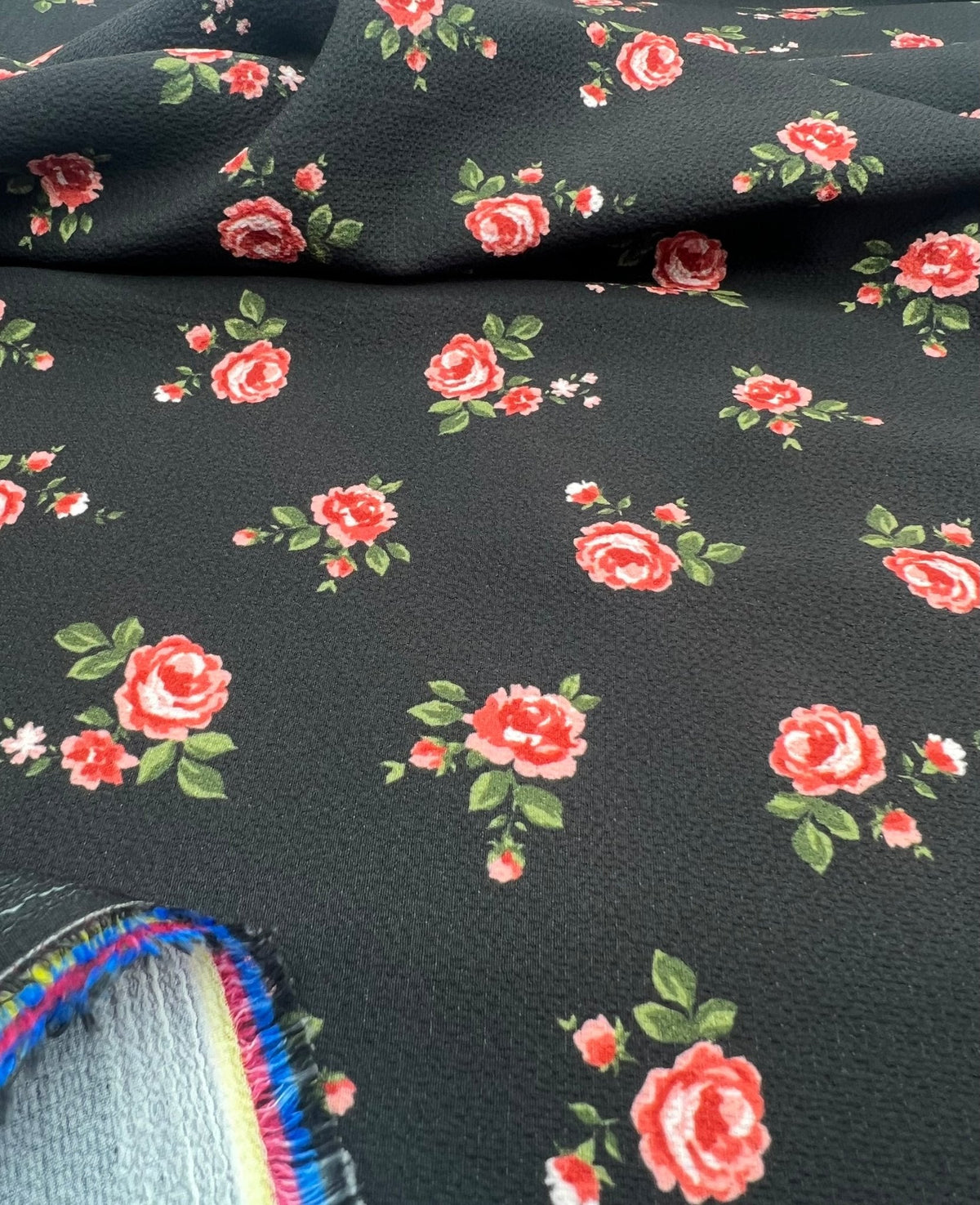 Black Rose Print Lightweight Bubble Crepe Fabric