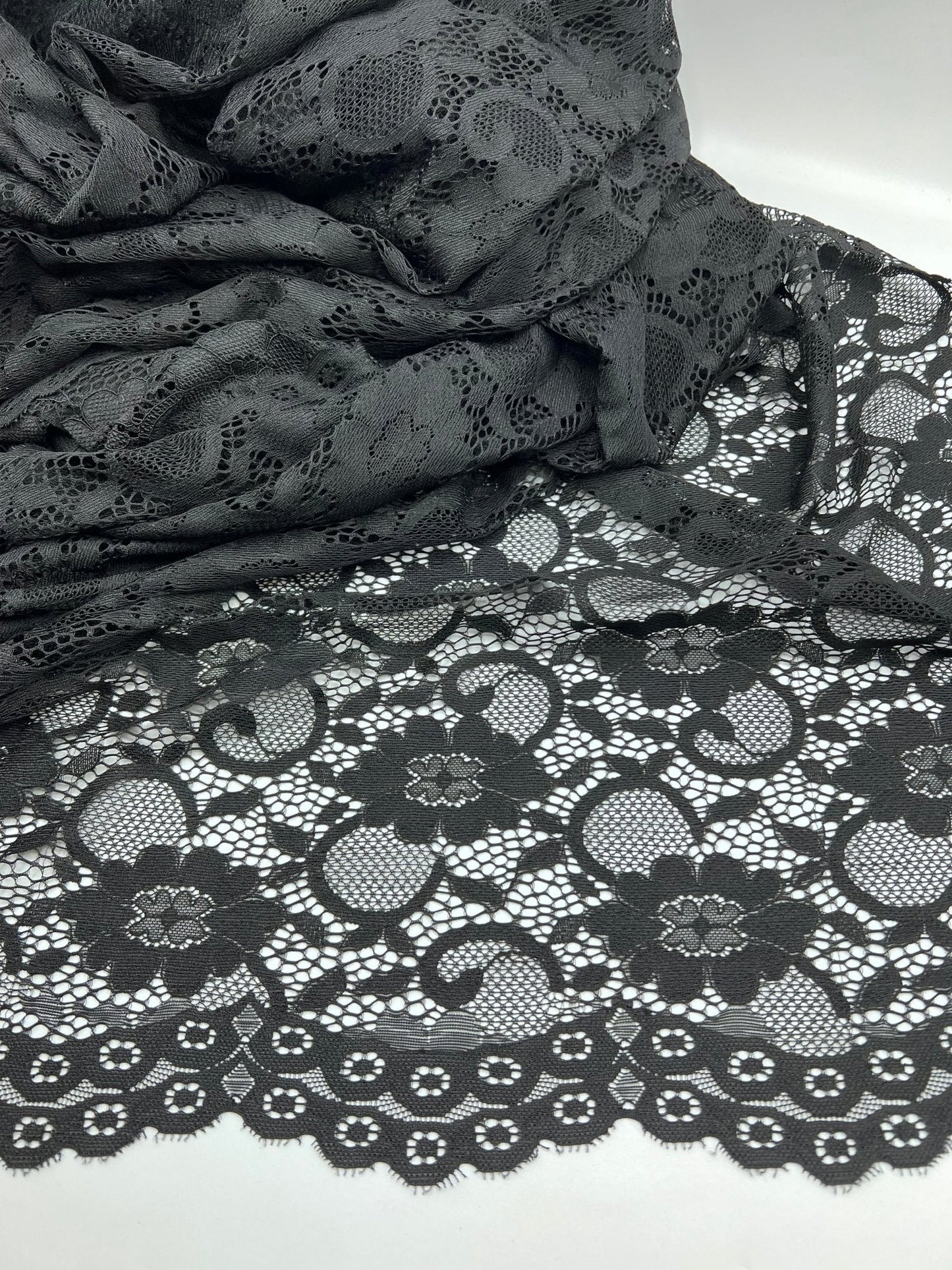 Black Scalloped Edge Floral Lace Fabric Stretch