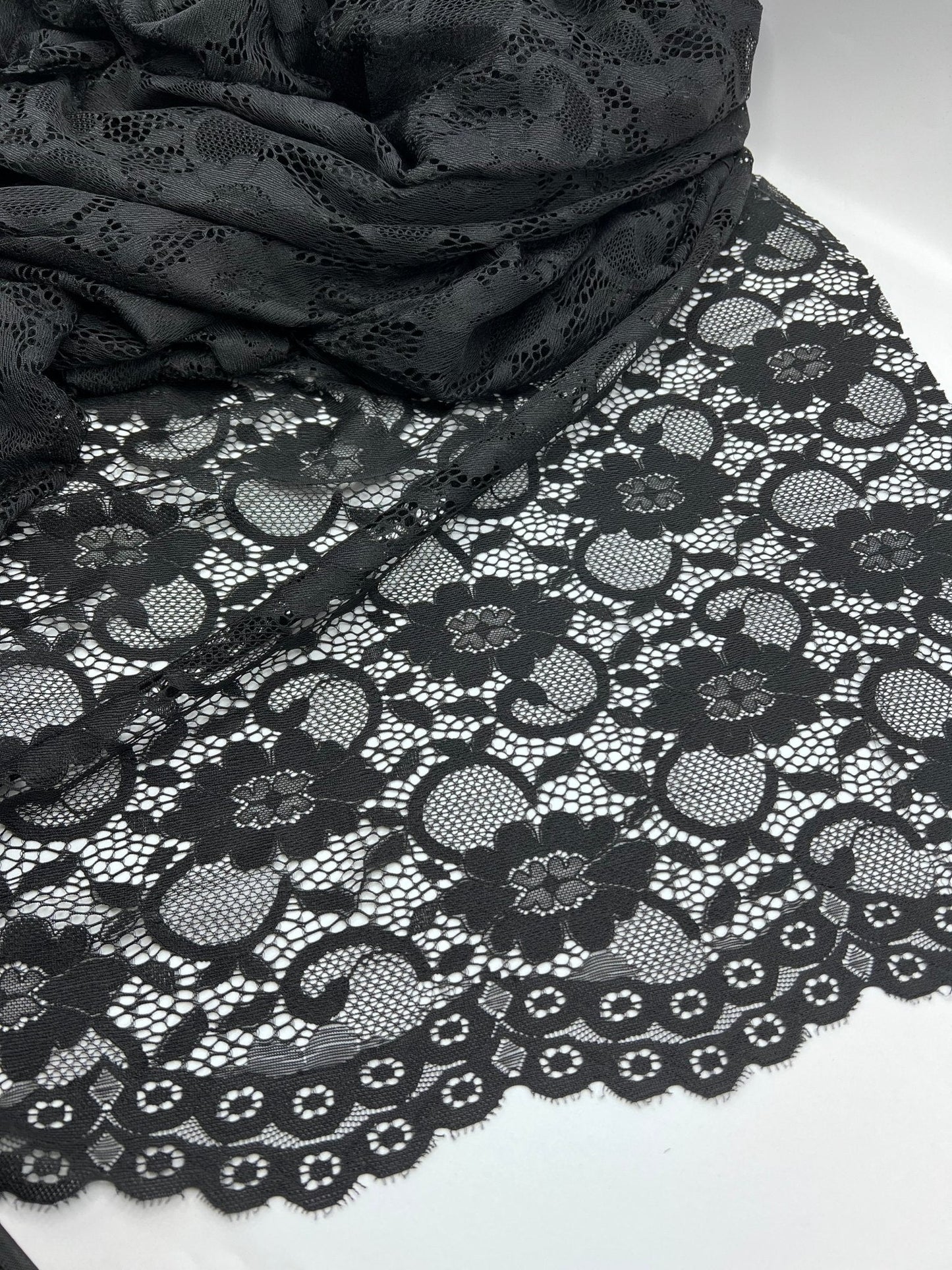 Black Scalloped Edge Floral Lace Fabric Stretch