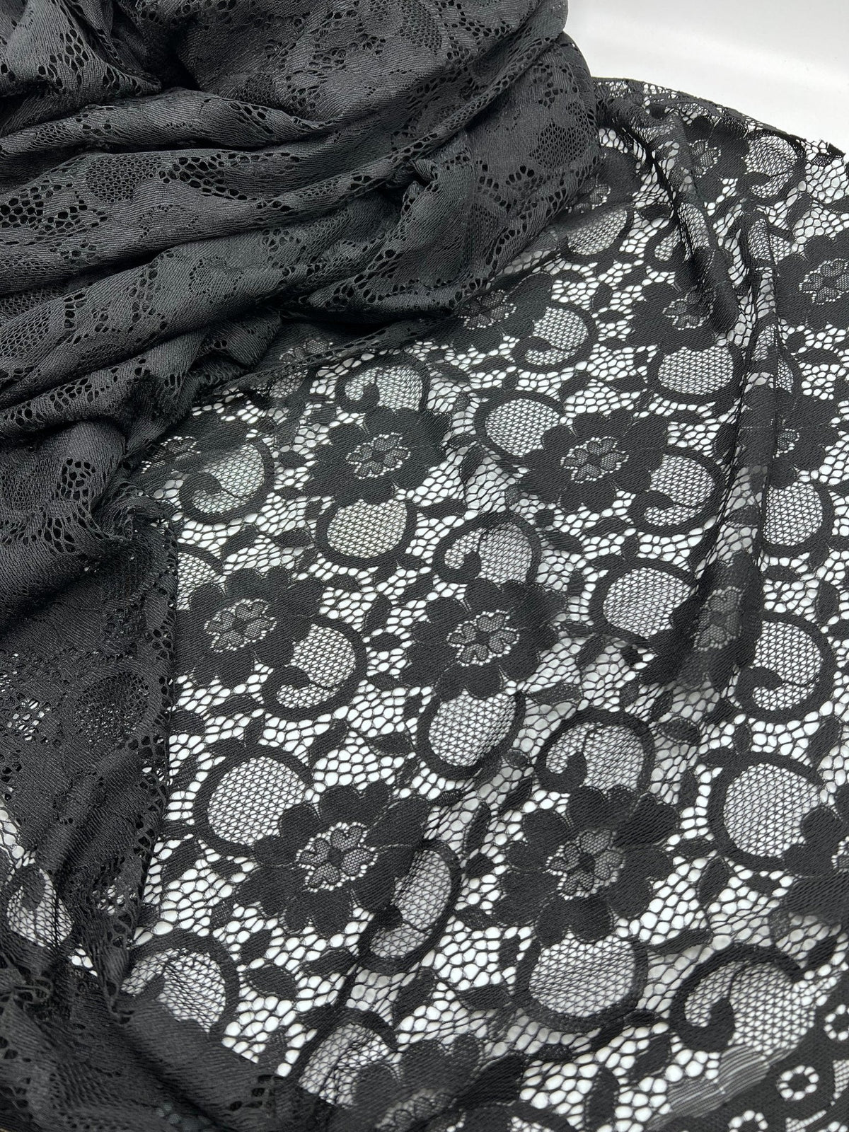Black Scalloped Edge Floral Lace Fabric Stretch