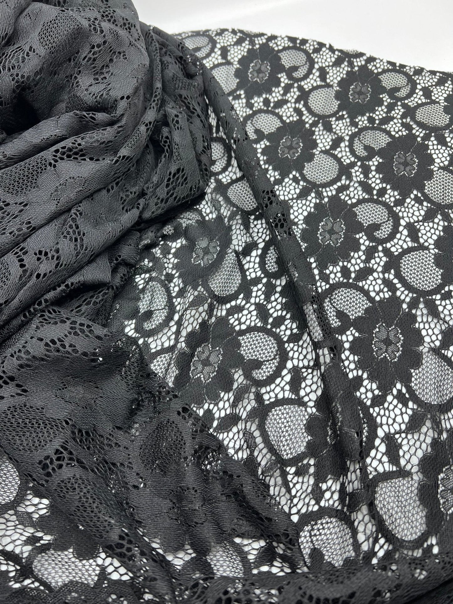 Black Scalloped Edge Floral Lace Fabric Stretch