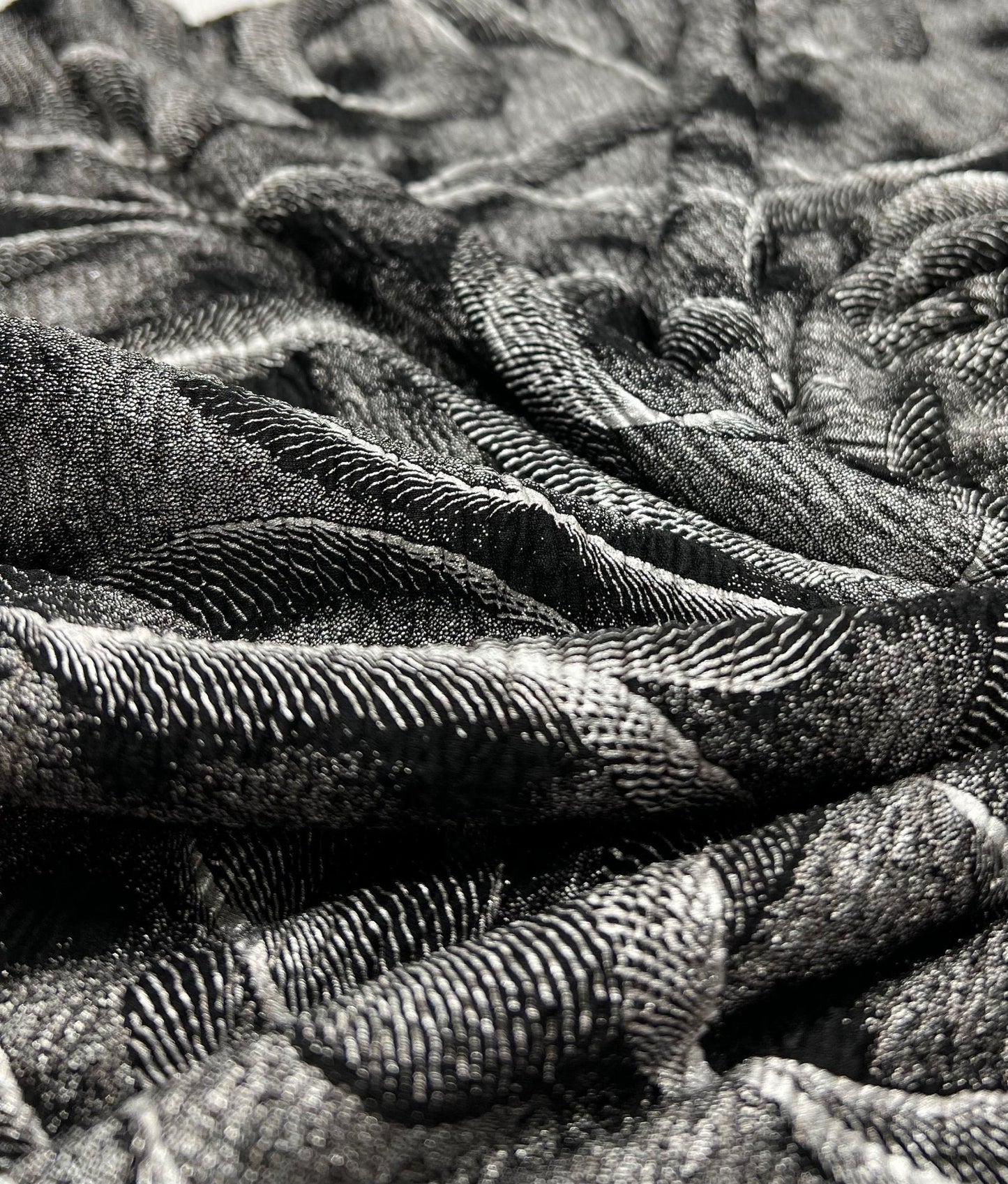 Black Silver Patterned Textured Tree Bark Stretch Dress Craft Fabric
