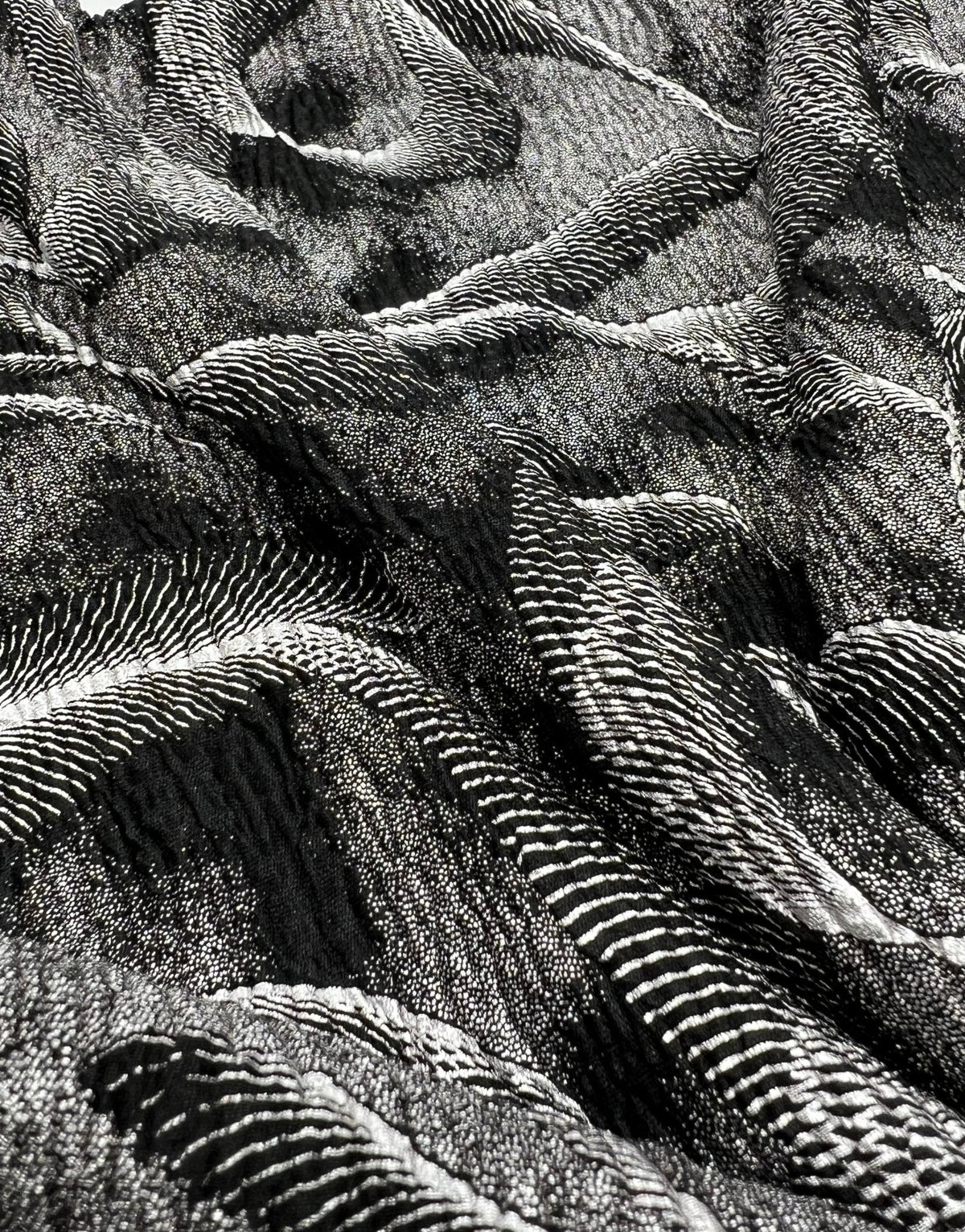 Black Silver Patterned Textured Tree Bark Stretch Dress Craft Fabric