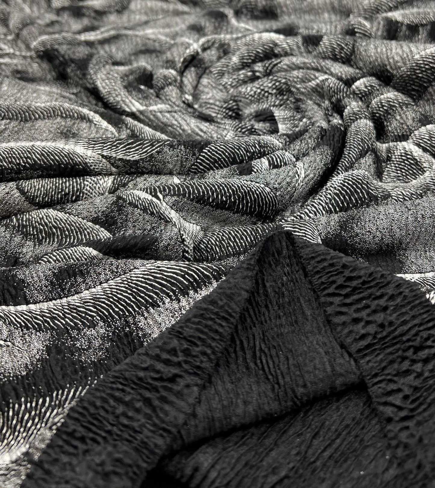 Black Silver Patterned Textured Tree Bark Stretch Dress Craft Fabric