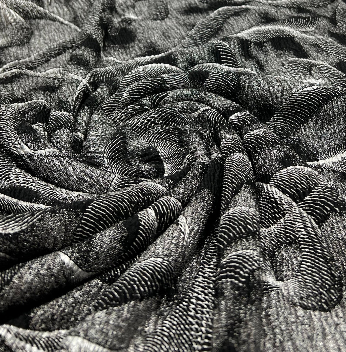 Black Silver Patterned Textured Tree Bark Stretch Dress Craft Fabric