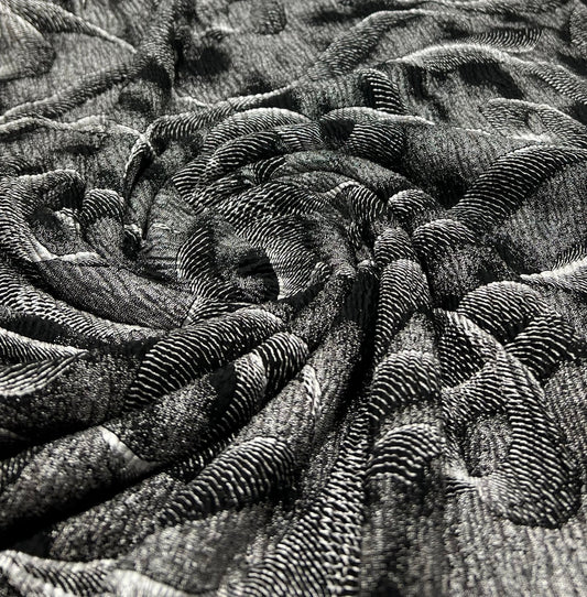 Black Silver Patterned Textured Tree Bark Stretch Dress Craft Fabric
