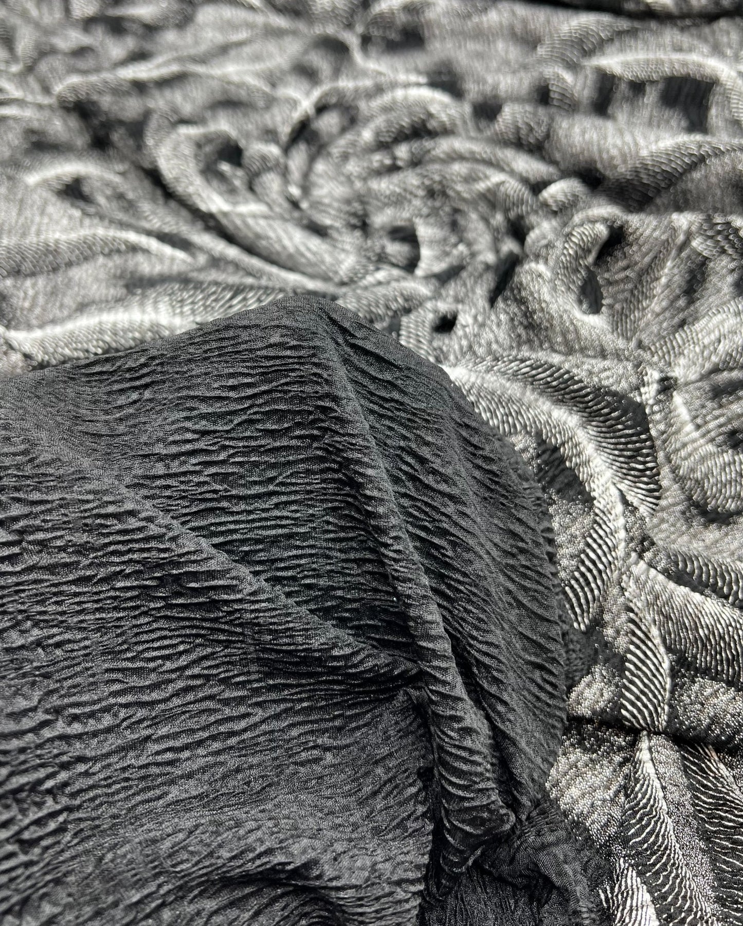 Black Silver Patterned Textured Tree Bark Stretch Dress Craft Fabric