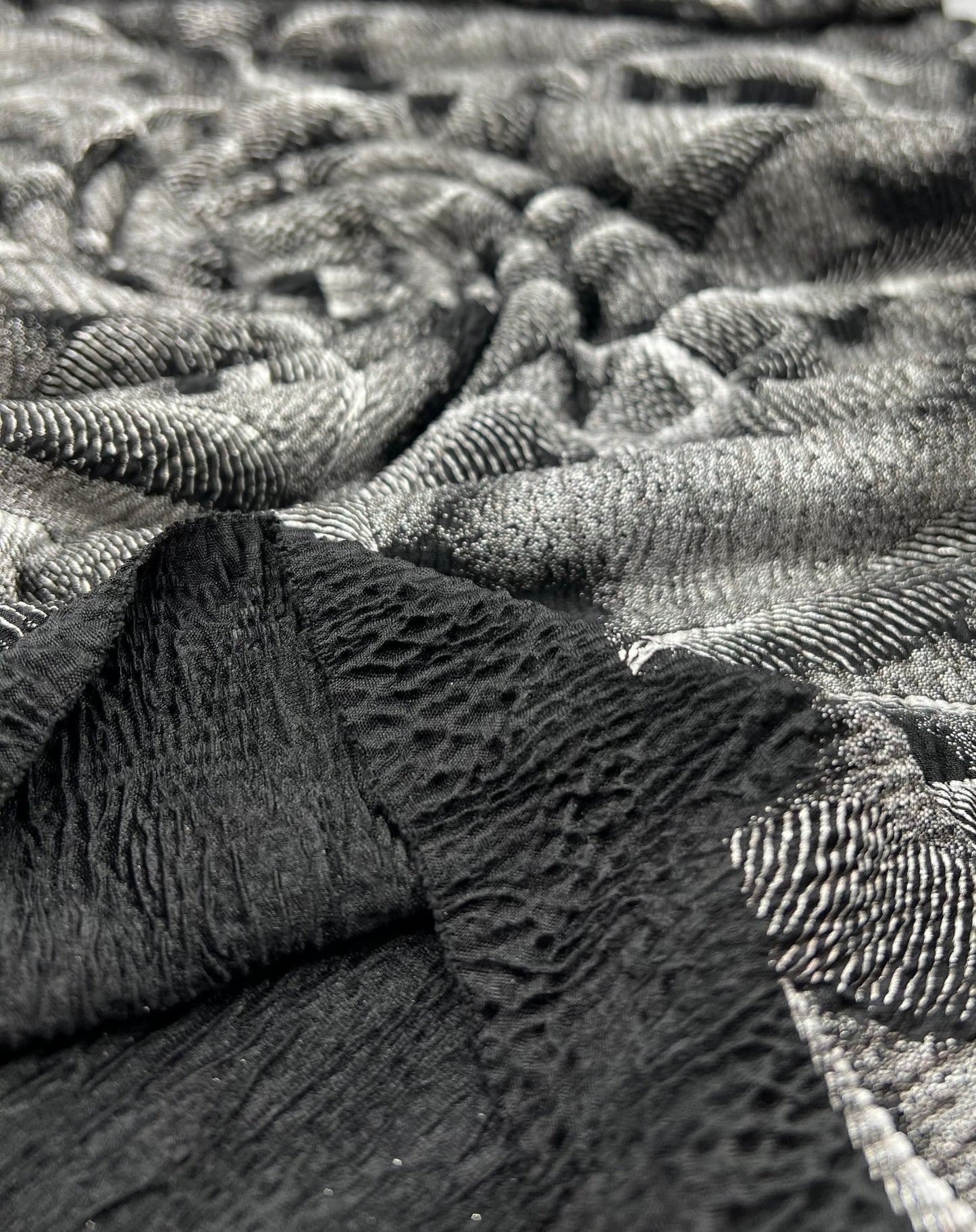 Black Silver Patterned Textured Tree Bark Stretch Dress Craft Fabric