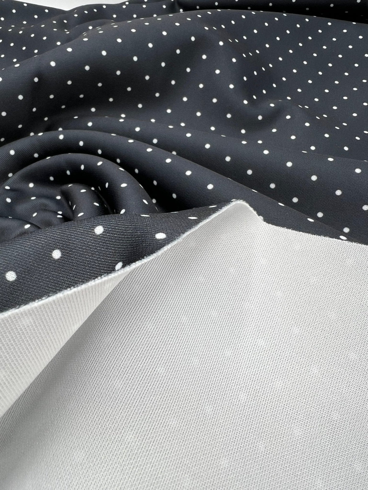 Black Small Polka Dot Printed Plain Scuba 4 Way Stretch Jersey Fabric