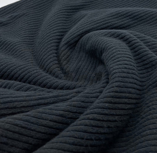Black Soft Light Brushed Cosy Wide Rib Stretch Fabric