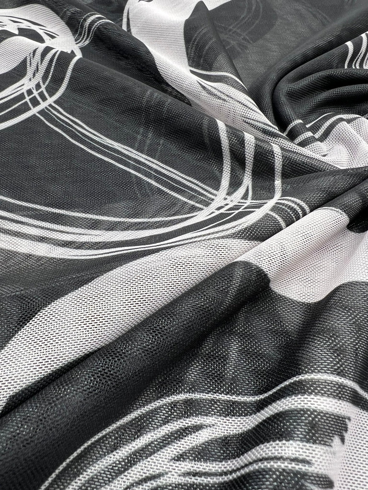 Black Swirl Print Mesh Fabric Stretch