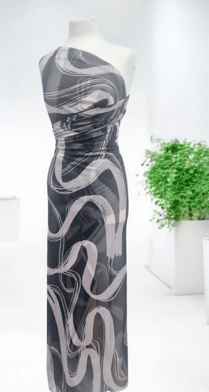 Black Swirl Print Mesh Fabric Stretch