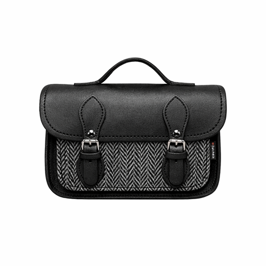 Handmade Tannery Leather and Tweed Cross Body Micro Satchel Plus - Black