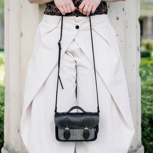 Handmade Tannery Leather and Tweed Cross Body Micro Satchel Plus - Black