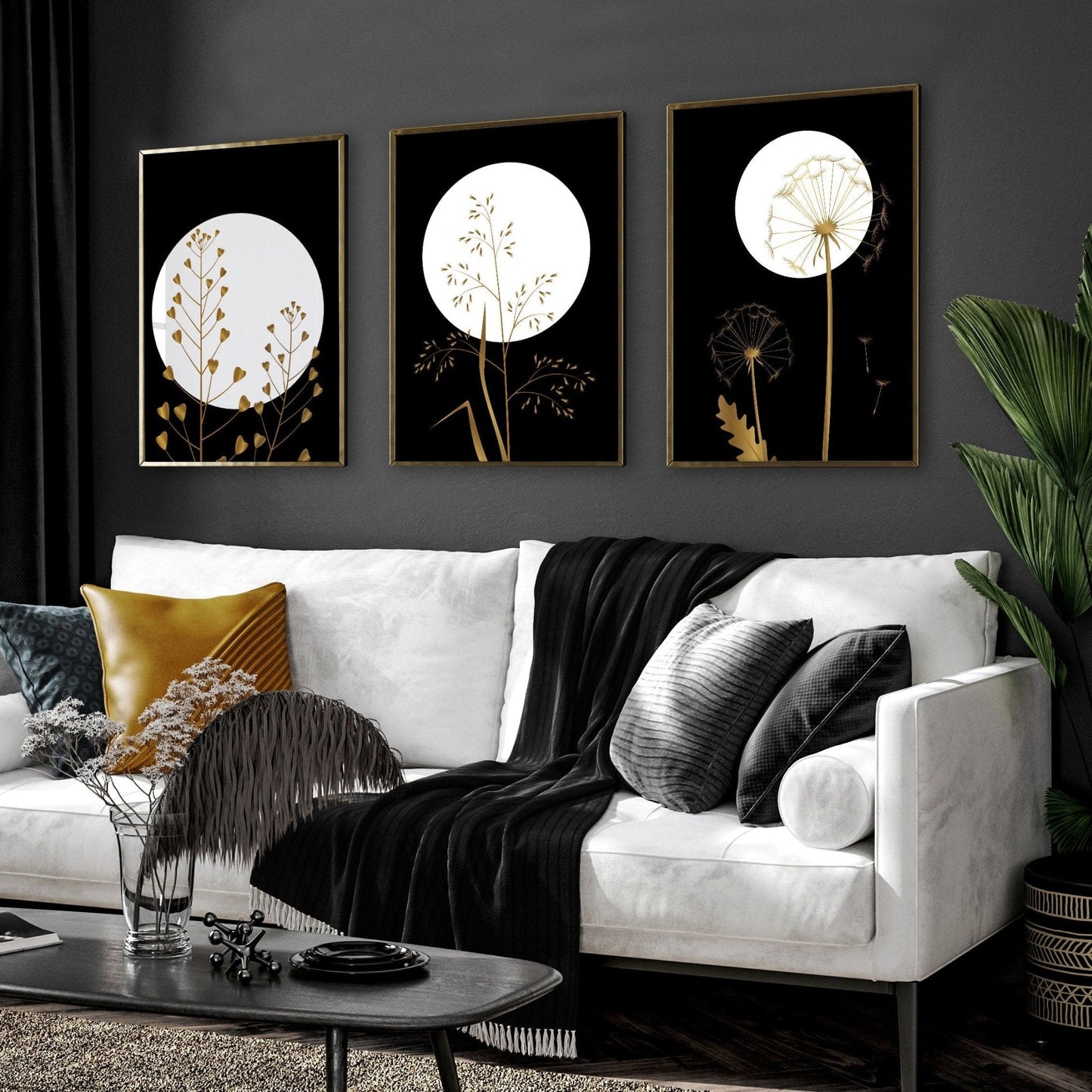 Black wall art for living room | set of 3 wall art prints