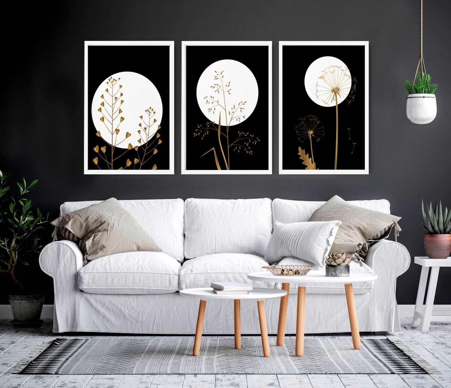 Black wall art for living room | set of 3 wall art prints
