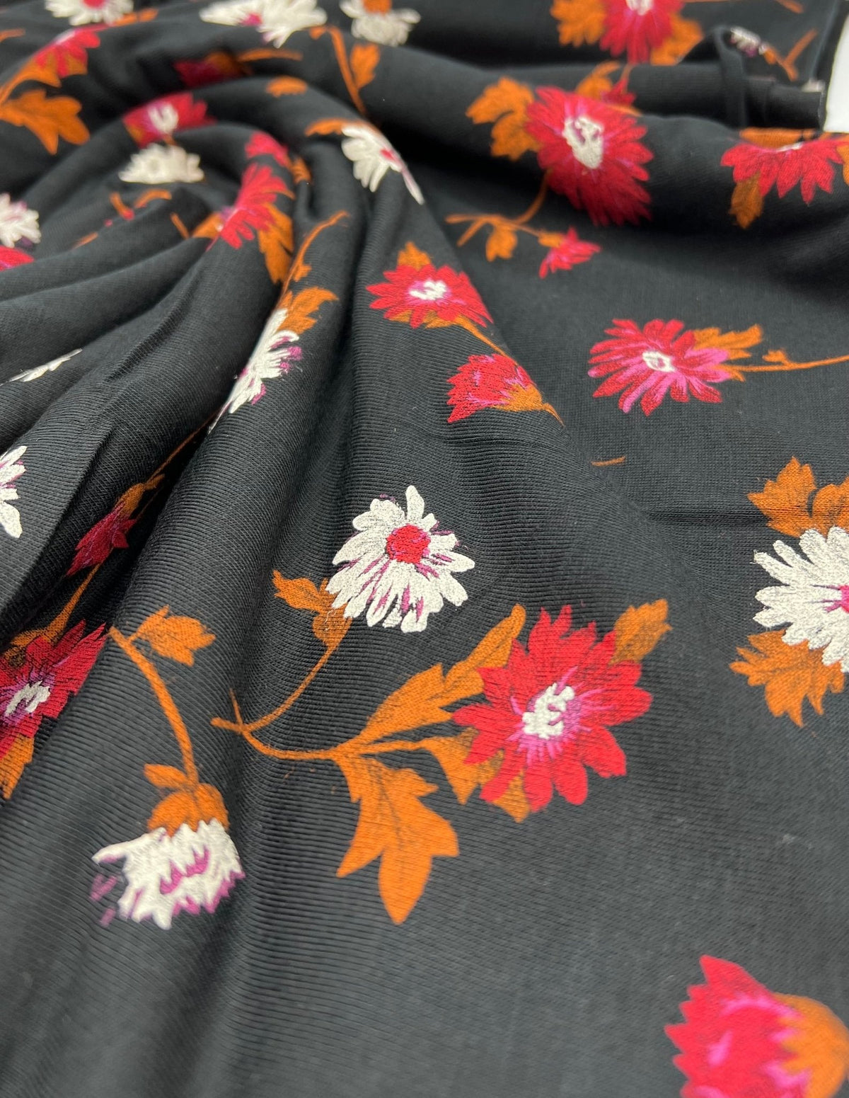 Black White Brown Floral Print Viscose Elastane Fabric