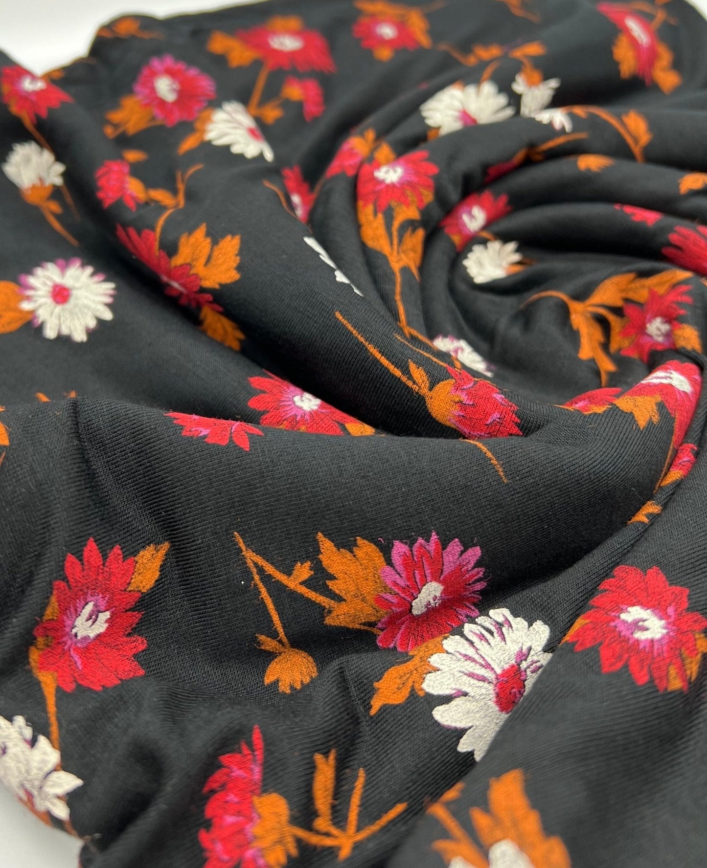 Black White Brown Floral Print Viscose Elastane Fabric