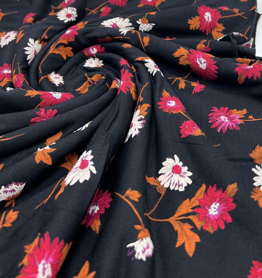 Black White Brown Floral Print Viscose Elastane Fabric