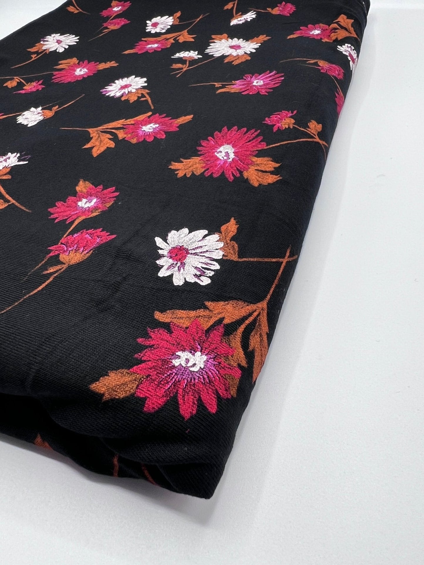 Black White Brown Floral Print Viscose Elastane Fabric