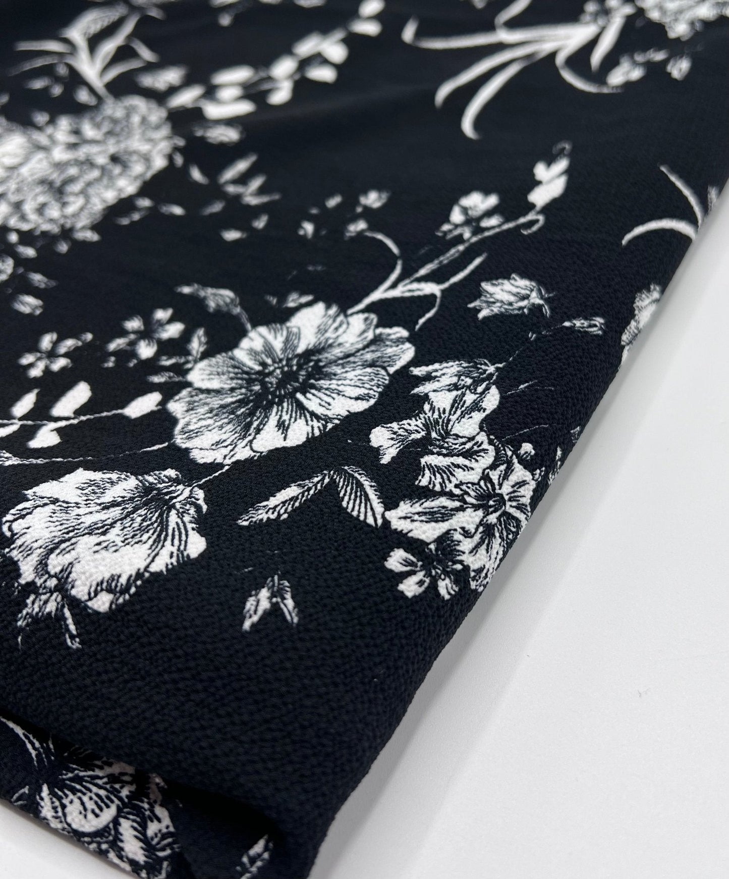 Black White Floral Print Lightweight Bubble Crepe Fabric