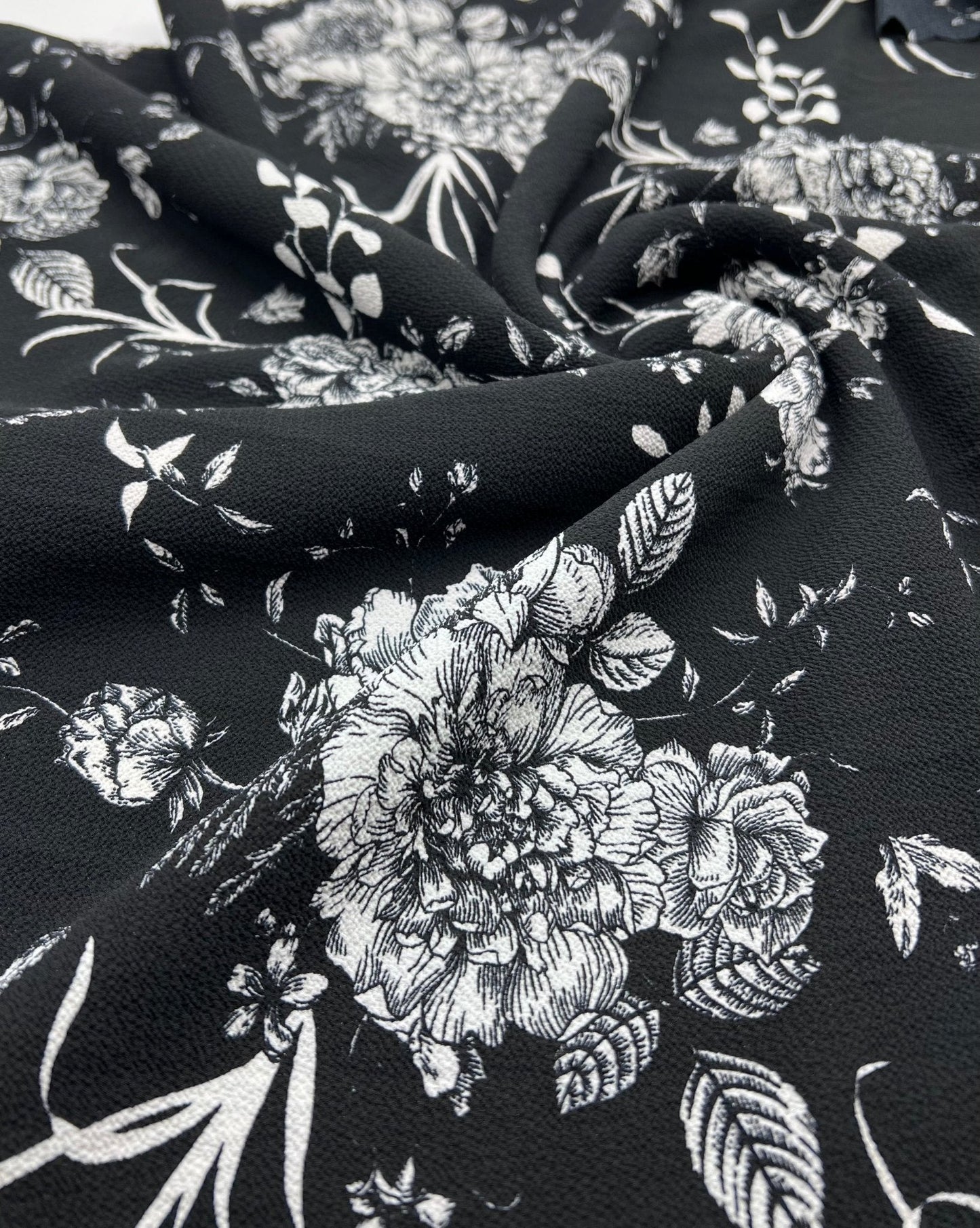 Black White Floral Print Lightweight Bubble Crepe Fabric