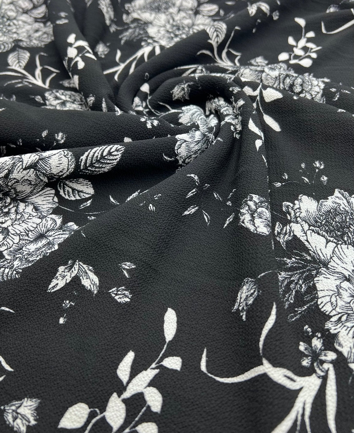 Black White Floral Print Lightweight Bubble Crepe Fabric