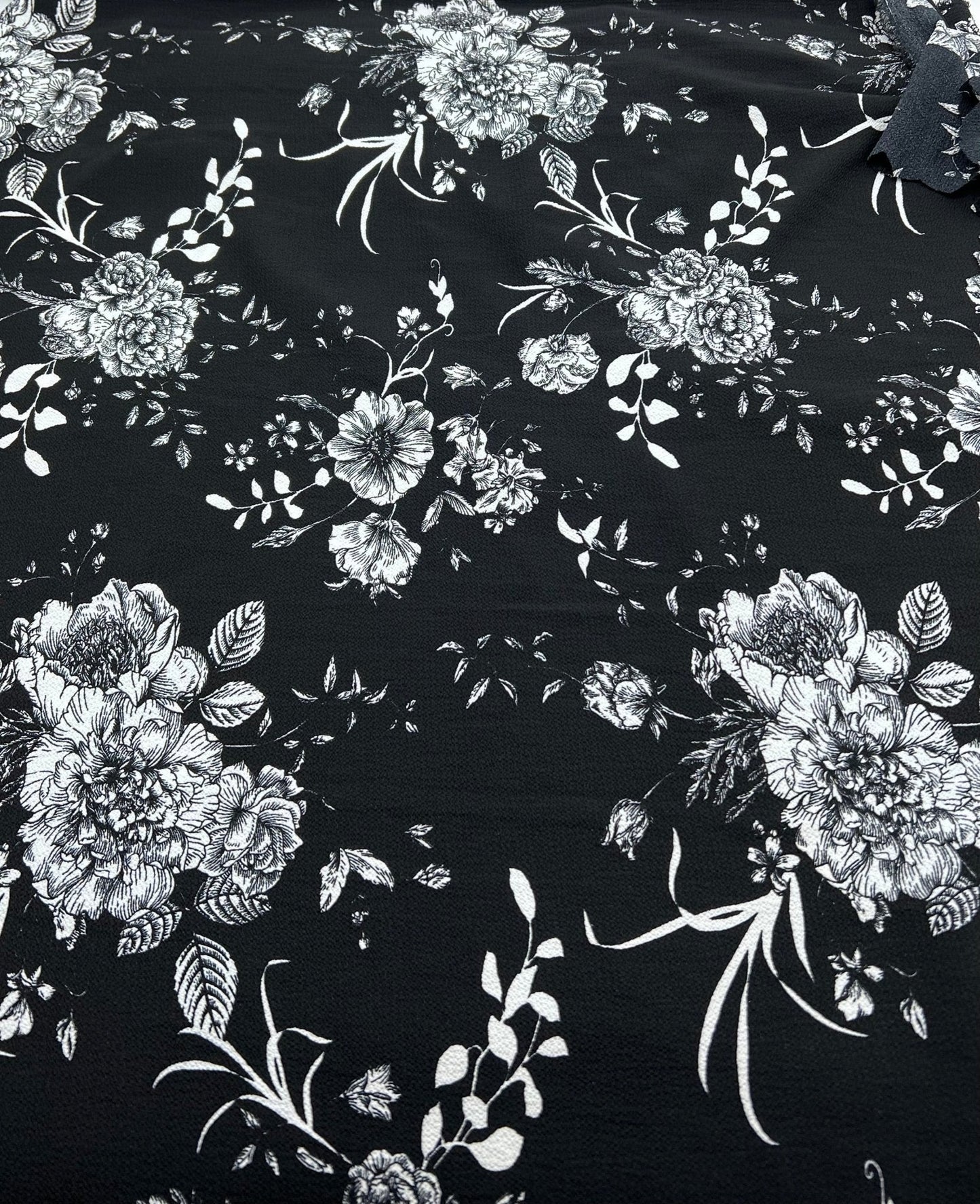 Black White Floral Print Lightweight Bubble Crepe Fabric