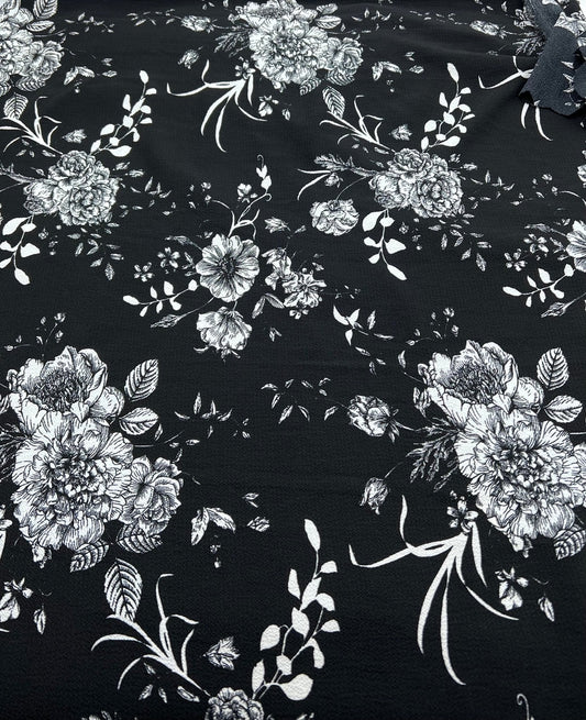 Black White Floral Print Lightweight Bubble Crepe Fabric