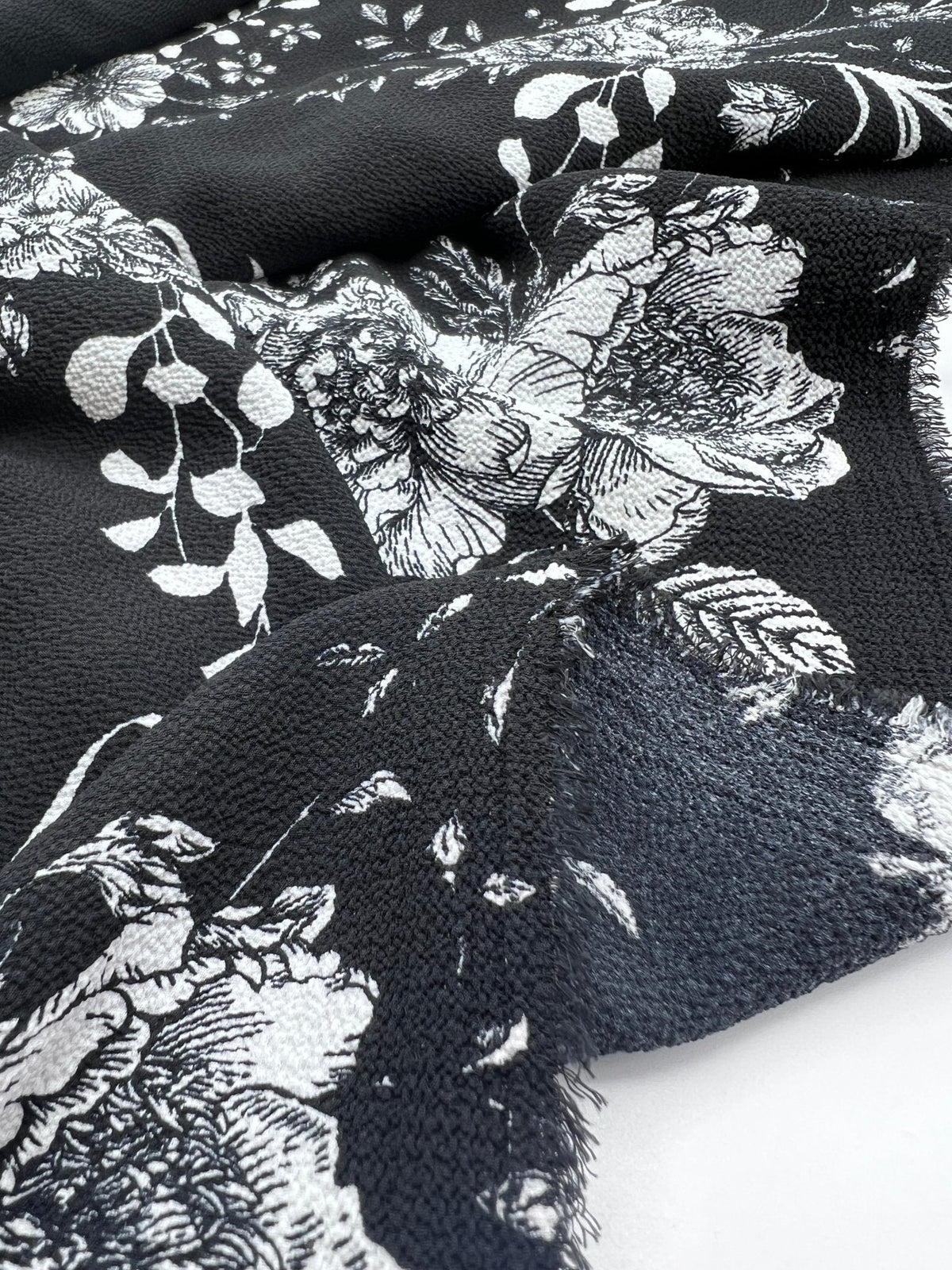 Black White Floral Print Lightweight Bubble Crepe Fabric