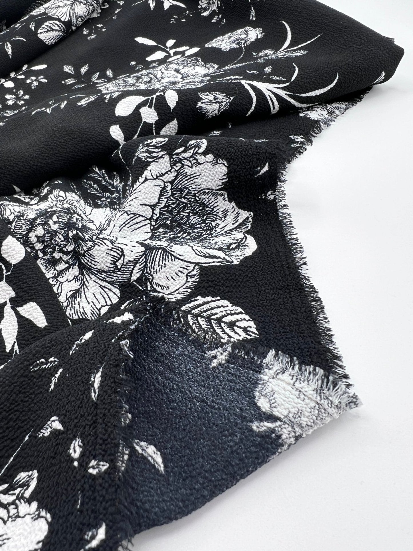 Black White Floral Print Lightweight Bubble Crepe Fabric