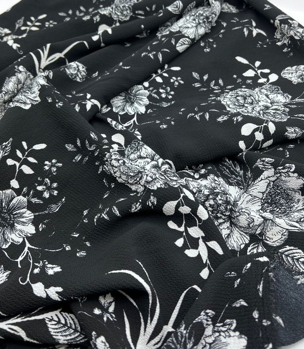 Black White Floral Print Lightweight Bubble Crepe Fabric