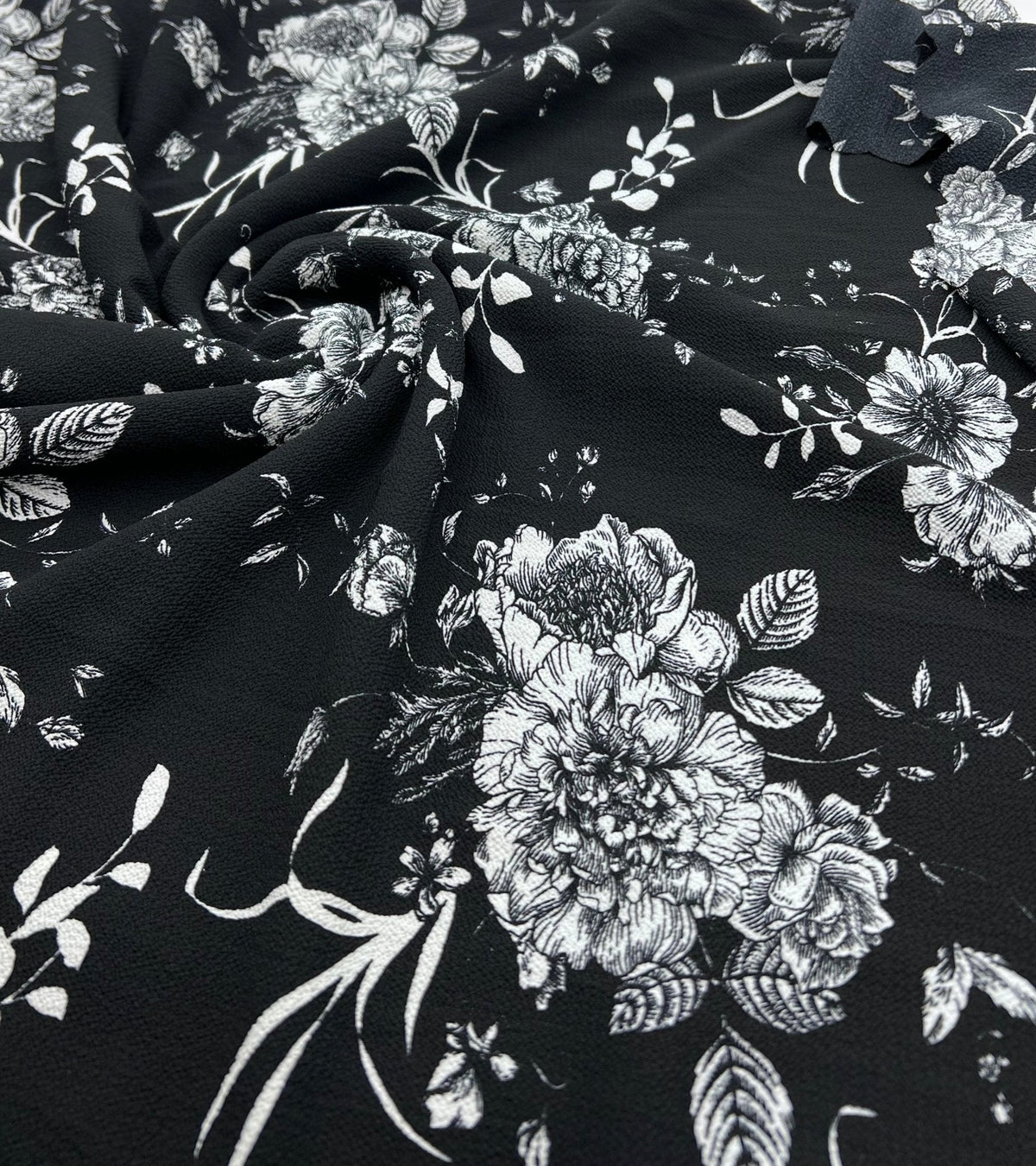 Black White Floral Print Lightweight Bubble Crepe Fabric