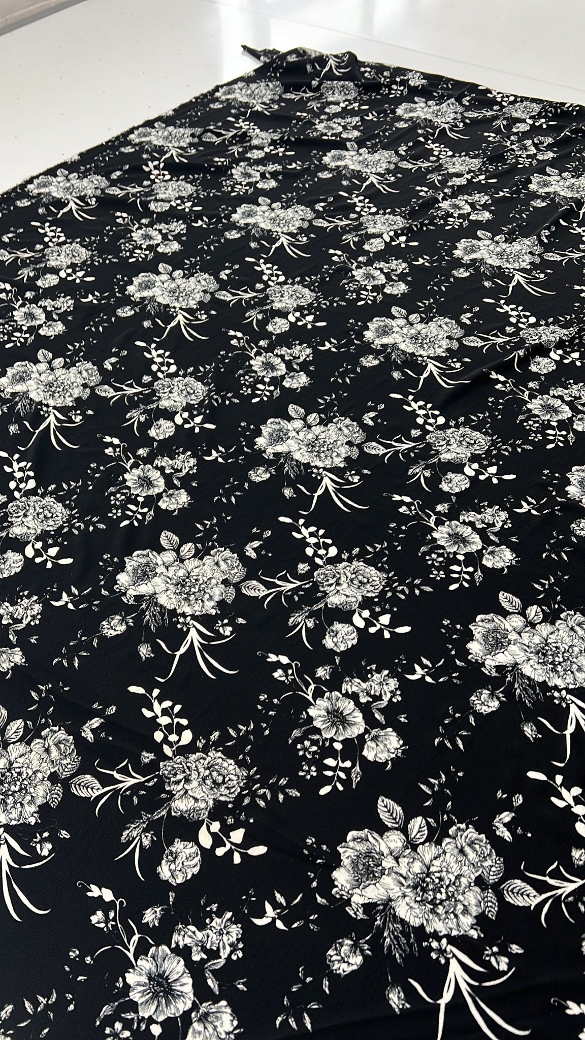 Black White Floral Print Lightweight Bubble Crepe Fabric