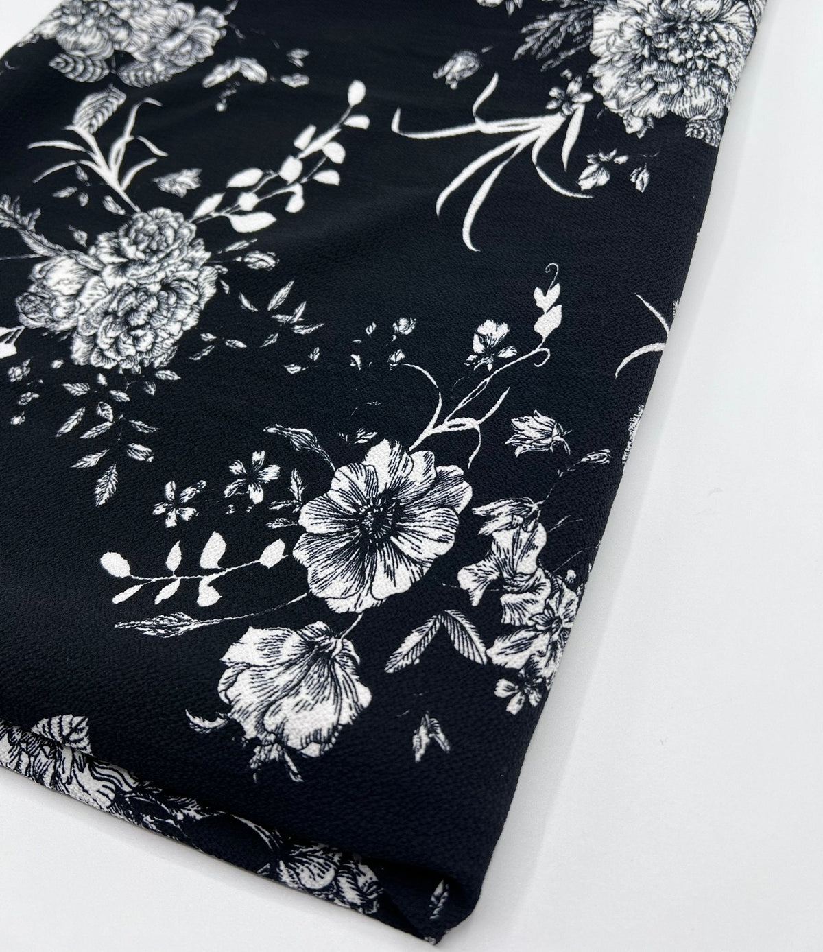 Black White Floral Print Lightweight Bubble Crepe Fabric