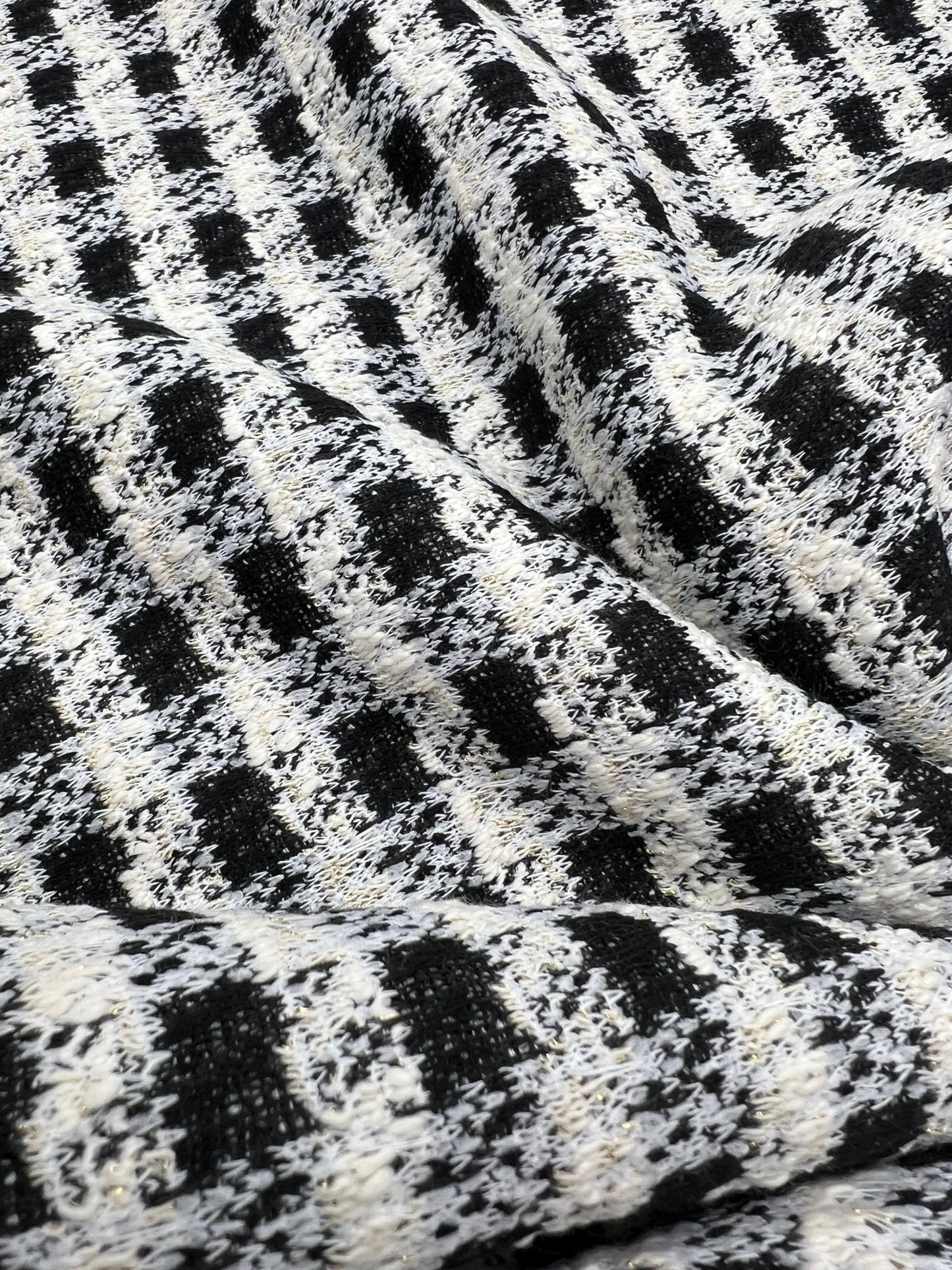 Black White Gingham Gold Speckles Jacquard Stretch Fabric