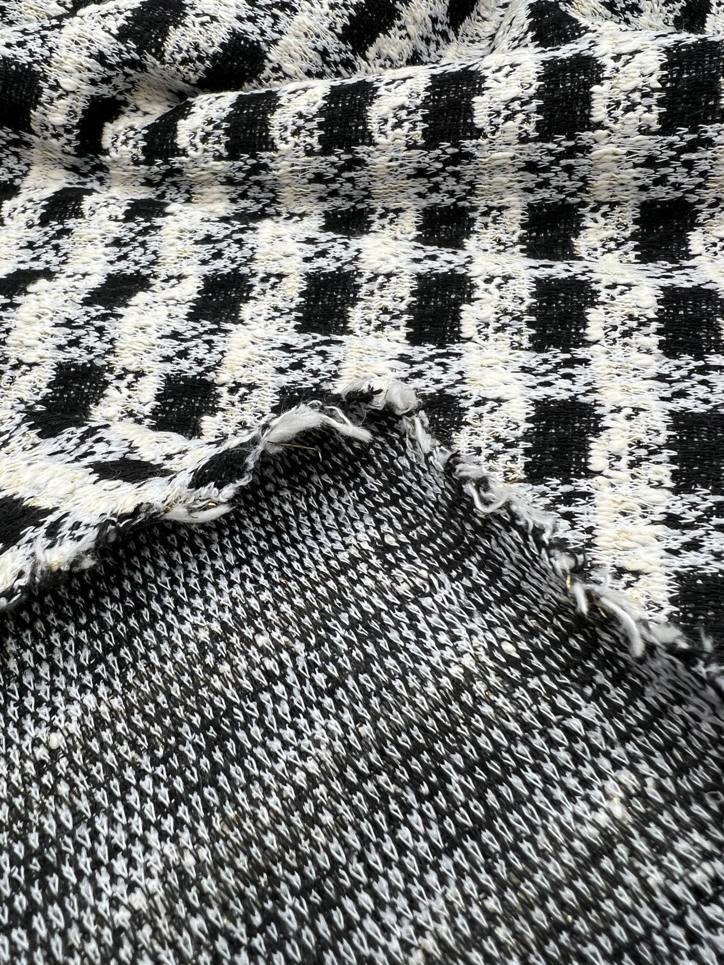 Black White Gingham Gold Speckles Jacquard Stretch Fabric