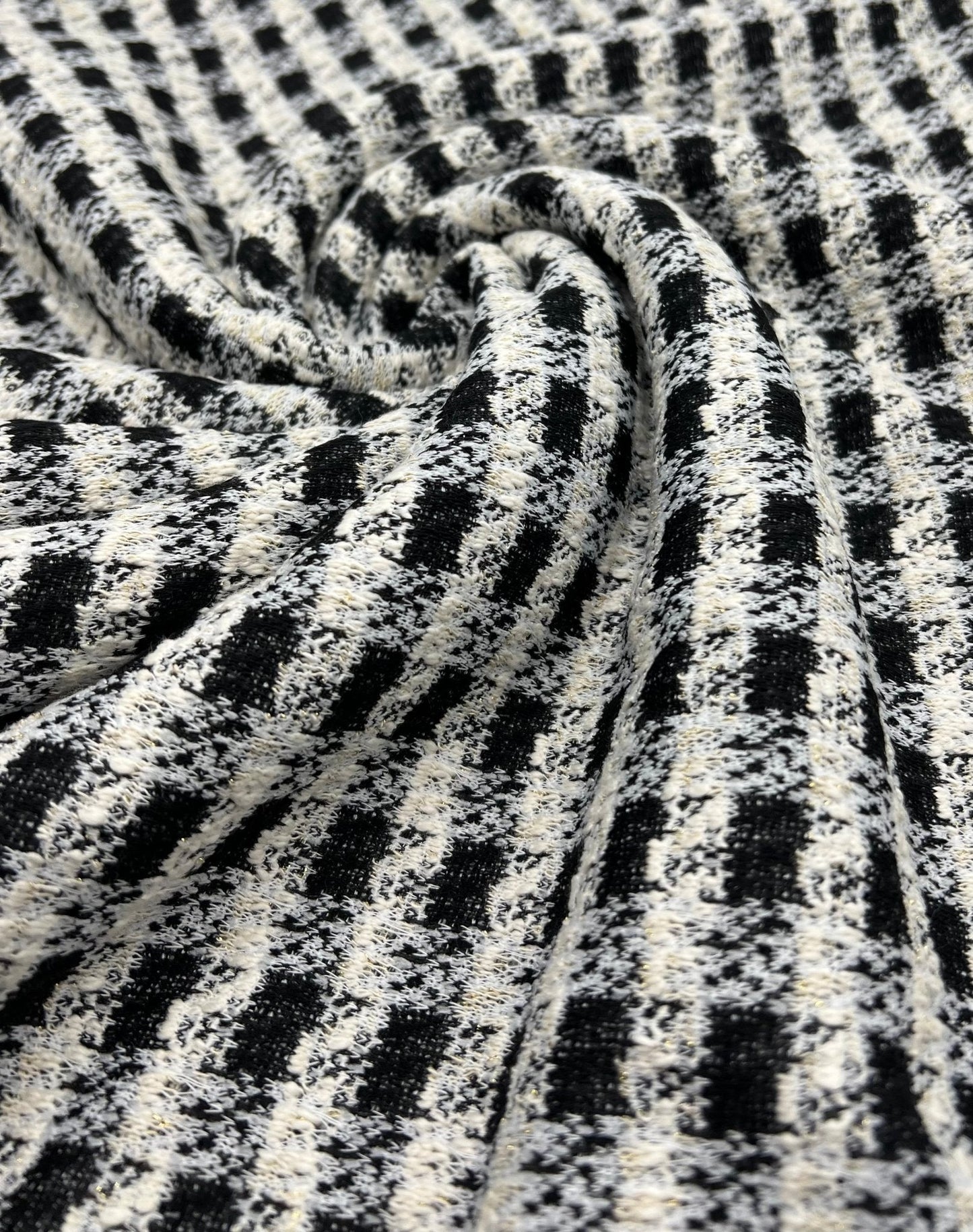 Black White Gingham Gold Speckles Jacquard Stretch Fabric