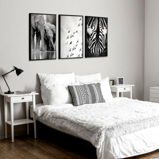 Black White Photography Prints | African Wildlife Elephants Zebra Birds Wall Art | Set of 3