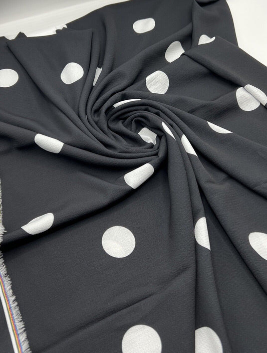 Black White Polka Print Bubble Crepe Non Stretch Fabric