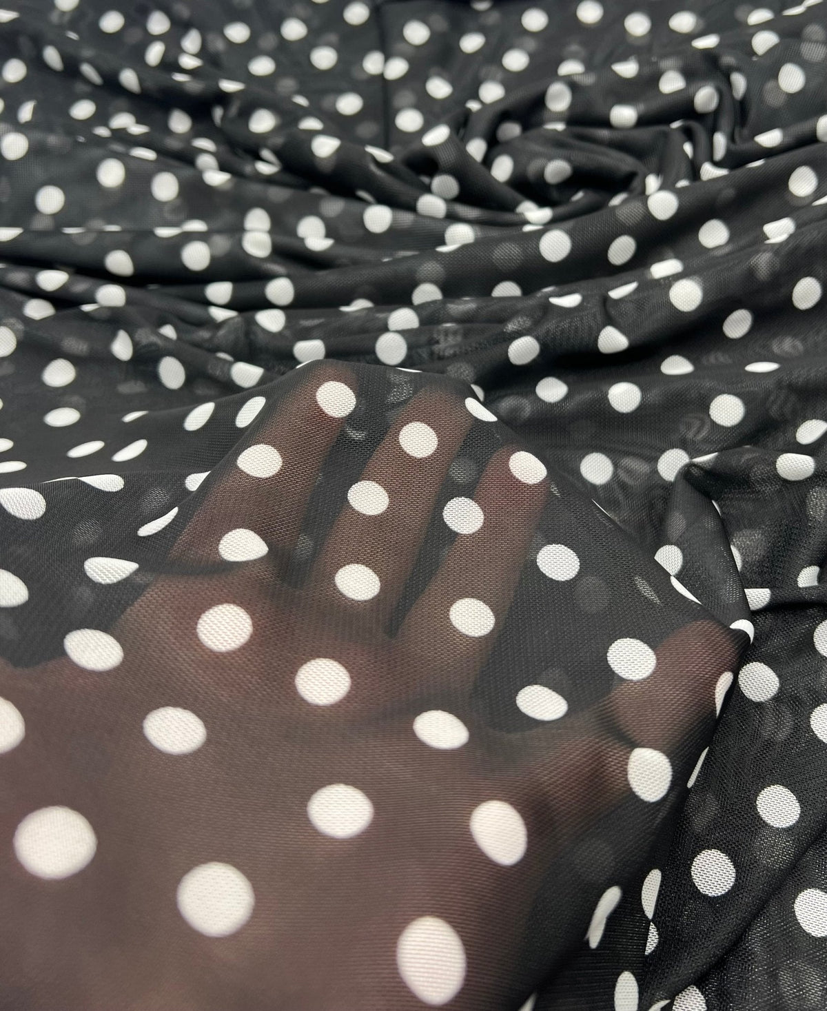Black White Polka Spot Mesh Fabric Stretch
