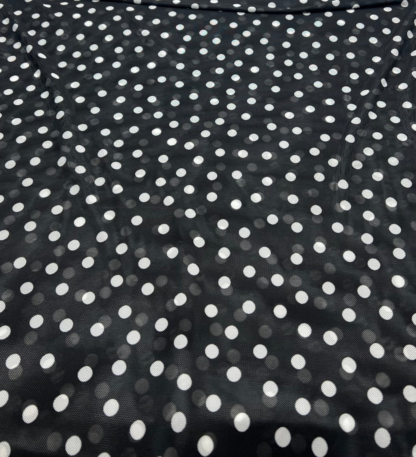 Black White Polka Spot Mesh Fabric Stretch