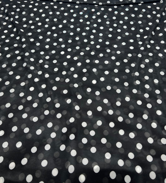 Black White Polka Spot Mesh Fabric Stretch
