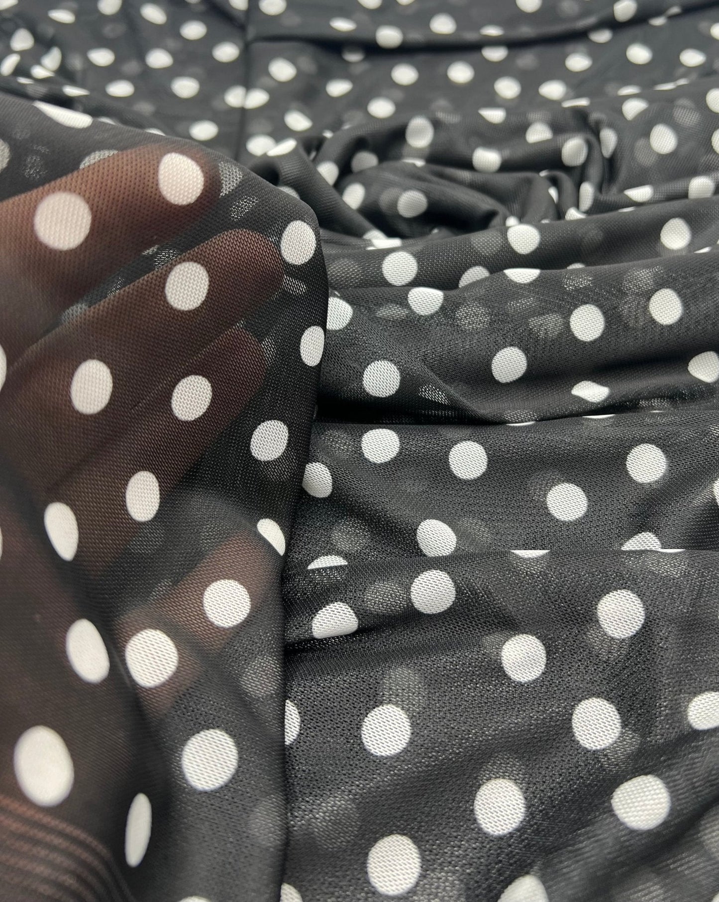 Black White Polka Spot Mesh Fabric Stretch