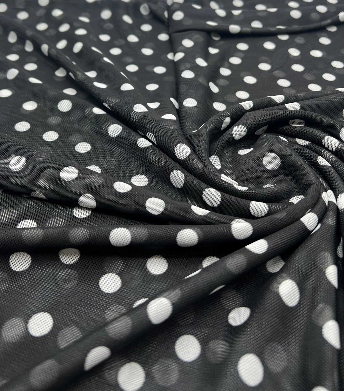 Black White Polka Spot Mesh Fabric Stretch