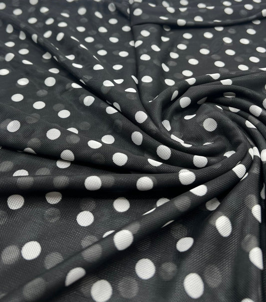 Black White Polka Spot Mesh Fabric Stretch