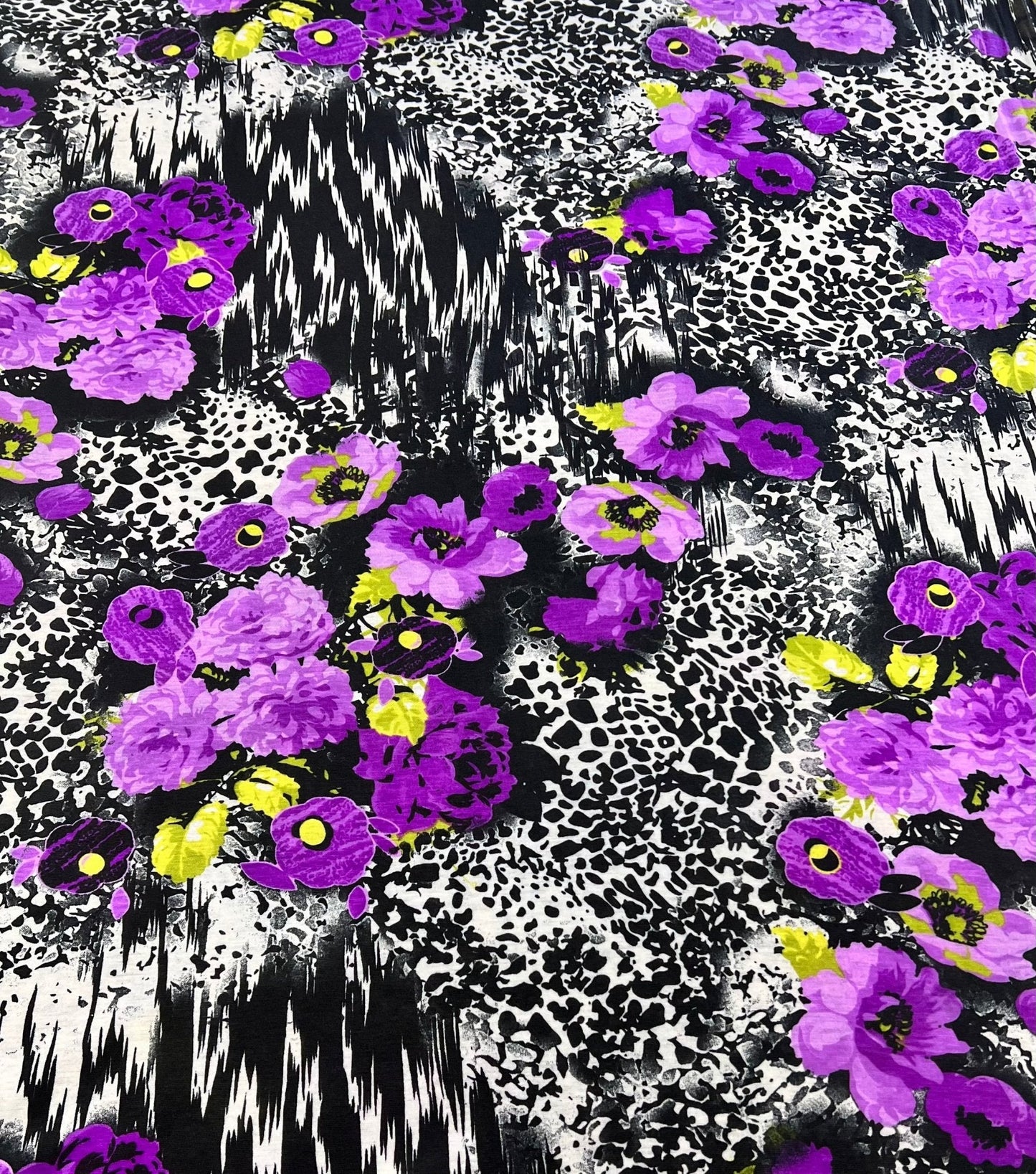 Black White Purple Floral Animal Print Viscose Elastane 2 Way Stretch Fabric