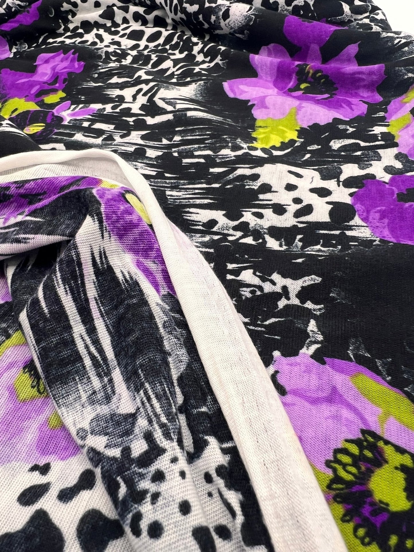 Black White Purple Floral Animal Print Viscose Elastane 2 Way Stretch Fabric