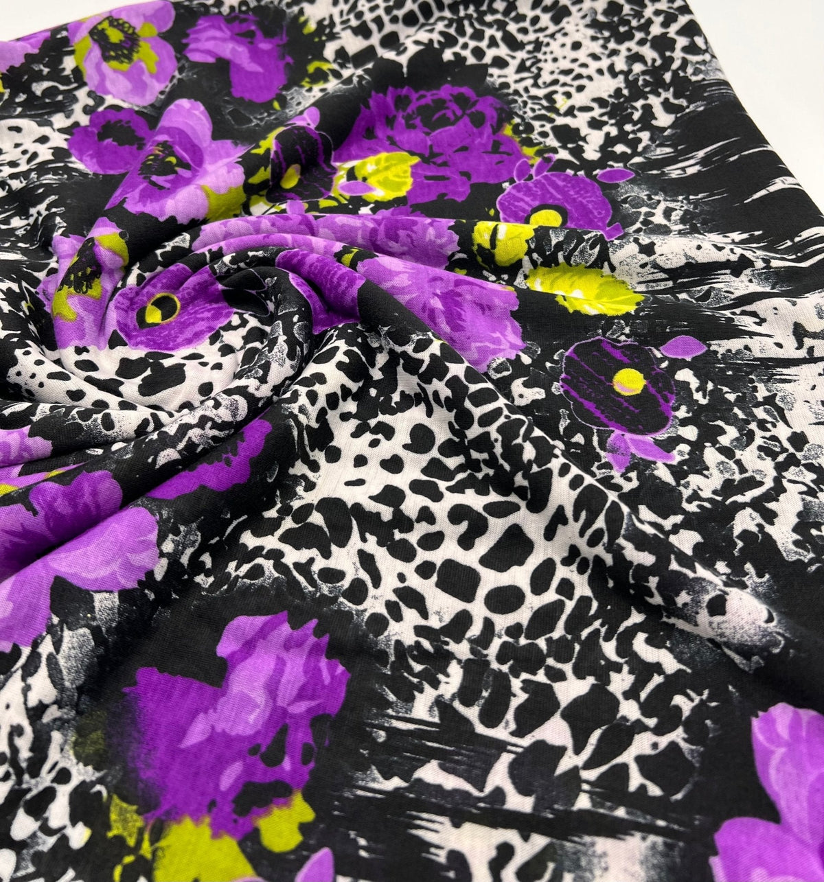 Black White Purple Floral Animal Print Viscose Elastane 2 Way Stretch Fabric